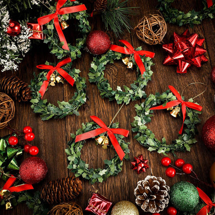 Syhood 12 Pieces Christmas Wreaths with Gold Bells Christmas Pine Wreaths for Front Door Christmas Holiday Indoor Home Decor (Classic Style,3.15 Inches)