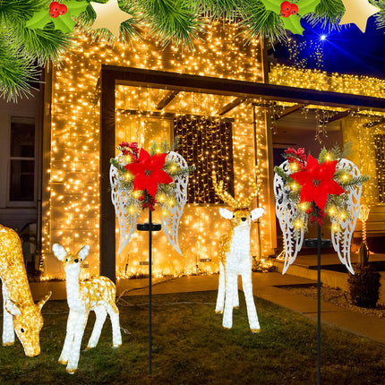 2 Pack Christmas Outdoor Decorations Solar Stake Lights, Led Angel Wings Metal Stakes with Big Poinsettia Flower, Grave Decorations Lighted Pathway Lights for Lawn Garden Cemetery Decorations
