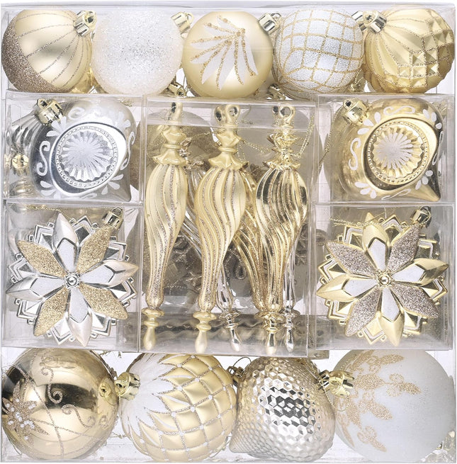 Valery Madelyn Ornaments for Christmas Trees, 130ct White and Gold Shatterproof Christmas Tree Decorations, Elegant Hanging Ball Ornaments Bulk for Xmas Holiday Decor