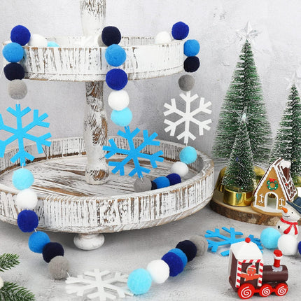 Whaline 8.2Ft Christmas Felt Ball Graland Winter Snowflake Cute Pom Pom Ball Snow Blue Flake Banner Xmas Tree Hanging Pom Bunting Garland for Winter Holiday Wonderland Party Mantel Wall Decor Supplies