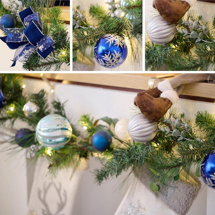 Valery Madelyn 9 feet Pre-Lit Christmas Garland with Lights for Mantle, Lighted Battery Operated Xmas Garland with Silver Blue Balls Ribbons for Front Door Fireplace Table Centerpiece Outdoor Decor
