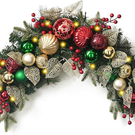 Valery Madelyn Pre-Lit Christmas Swag Outdoor, 24 Inch Mailbox Christmas Decorations Swag Teardrop for Front Door Stairs Railing Window Xmas Decor with 20 LED Lights Red Green Gold Ball Ornament