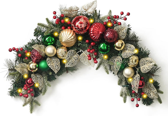 Valery Madelyn Pre-Lit Christmas Swag Outdoor, 24 Inch Mailbox Christmas Decorations Swag Teardrop for Front Door Stairs Railing Window Xmas Decor with 20 LED Lights Red Green Gold Ball Ornament