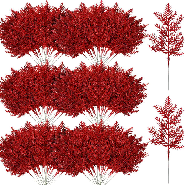 Hotop 100 Pcs Christmas Glitter Pine Needles 10.6 Inches Pine Stems Picks DIY Christmas Garland Wreath Decor Artificial Pine Branches for Xmas Winter Home Centerpieces Party Decoration (Red)