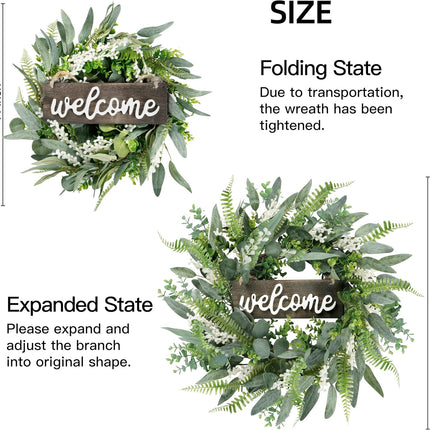 Sggvecsy Green Artificial Eucalyptus Wreath with Welcome Sign 20in Mixed White Berries Spring Summer Wreath for Front Door Wall Window Farmhouse Festival Porch Patio Garden Decor
