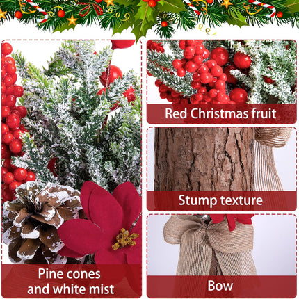 Watayo Artificial Burlap Small Christmas Tree Tabletop Decoration with Lights- 10" x 3" Mini Potted Christmas Tree Table Decoration with Red Berry Pine Cones for Home Room Mantel Party Xmas Decor
