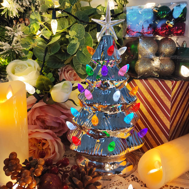 Sunnyglade 11" Ceramic Christmas Tree Tabletop Christmas Tree Lights with 28 Multicolored Lights and 1 Star Toppers for Table Top Desk Classic Series Christmas Decoration (Silver)
