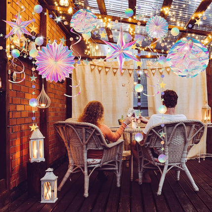 29 Pieces Home Iridescent Party Supplies Kit with Hanging Honeycomb Ball Decorative Paper Fan Snowflake Garlands White Star Hanging Swirl Decorations for Birthday Wedding Party Decorations