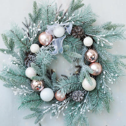Christmas Wreaths for Front Door with Lights 22"-24" Christmas Door Wreath with Frosted Branches Ball Ornaments Berry Clusters Christmas Collection Decor.