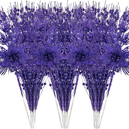 24 Pack Christmas Tree Ornaments - Artificial Flowers Glitter Berry Stems Christmas Floral Picks Branches for Xmas Tree Decorations Vase Filler Holiday Wedding Party Home Decor (Purple)