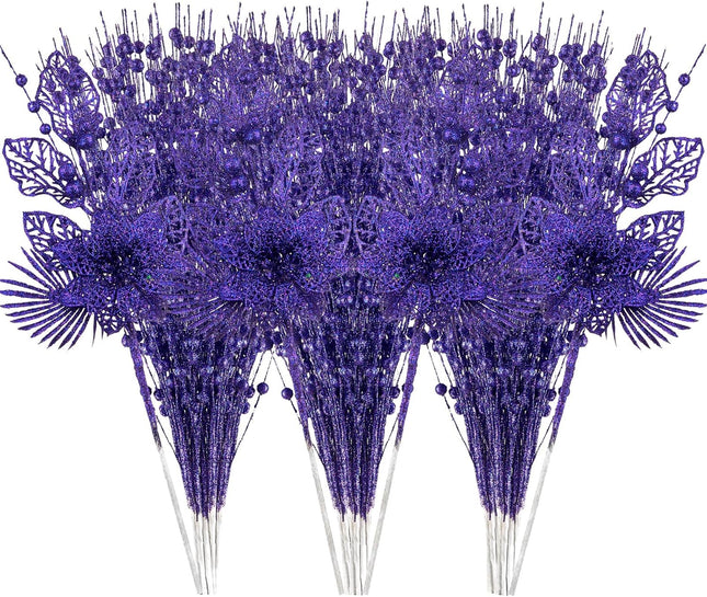 24 Pack Christmas Tree Ornaments - Artificial Flowers Glitter Berry Stems Christmas Floral Picks Branches for Xmas Tree Decorations Vase Filler Holiday Wedding Party Home Decor (Purple)