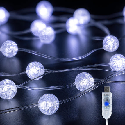 Globe String Lights,10FT 30 LED USB Fairy Lights,8 Modes Crystal Crackle Ball Lights,Waterproof Decorative Christmas Lights for Indoor,Outdoor,Bedroom,Classroom,Wedding,Party,White