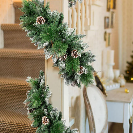 9 FT Christmas Garland with 100 LED Lights Dense-Style, Battery Operated Pre-Lit Garland with Pine Cones and Snow, 8 Lighting Modes with Timer, Christmas Decor for Mantle, Fireplace