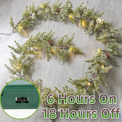 Pine Garland-6FT Christmas Garland,Artificial Evergreen Garland, Battery Operated Garland with Lights,Prelit Garland Timer for Mantle Holiday Outdoor Indoor Fireplace Decor