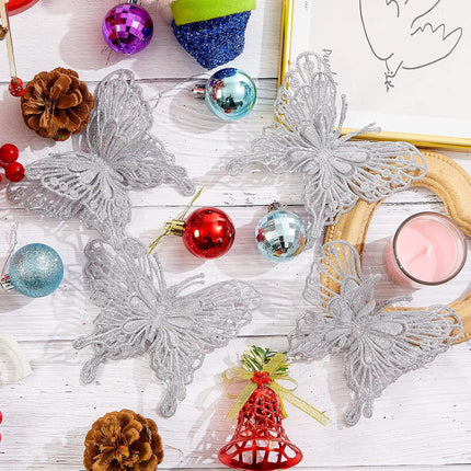 12 PCS Glitter Butterfly Christmas Tree Ornaments, Hollow-Out Butterfly Christmas Decoration with Clips, Craft Xmas Ornaments, Christmas Tree, Wreath, Garland, Home Decorations, Silver