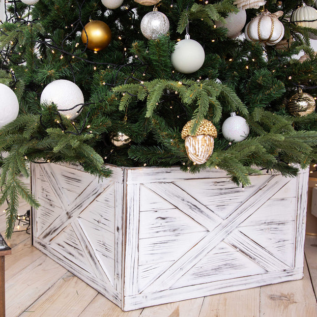 Wooden Tree Collar Box - Christmas Tree Box Stand Farmhouse Rustic Decor. Vintage Weathered Wood Decoration (Standard, Disstressed White)