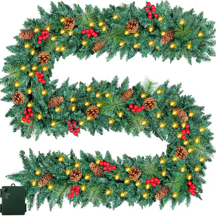 9FT Prelit Christmas Garland with 100 Lights Christmas Decorations Outdoor Lighted Christmas Garland for Mantle Stairs Railing Tree, Pre-Lit Christmas Garland Battery Operated Xmas Garland Fireplace