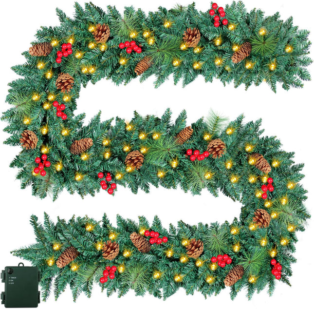 9FT Prelit Christmas Garland with 100 Lights Christmas Decorations Outdoor Lighted Christmas Garland for Mantle Stairs Railing Tree, Pre-Lit Christmas Garland Battery Operated Xmas Garland Fireplace
