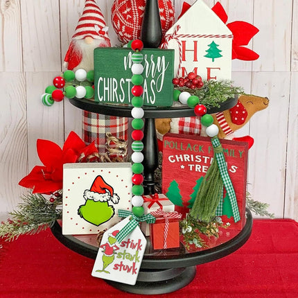 Christmas Thief Green Monster Wood Bead Garland Rustic Natural Beads with Cotton Rope Plaid Tassel Stink Stank Stunk Wooden Tag Farmhouse Holiday Ornaments for Xmas Tree Wreath Tiered Tray
