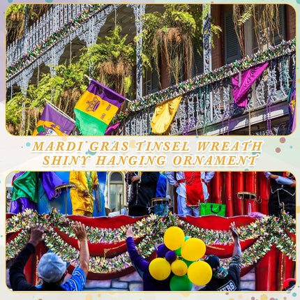Jutom 108/216/432Ft Mardi Gras Tinsel Garland Green Purple Gold Wide Cut Metallic Streamer Shiny Twist Garland Hanging Decor for Mardi Gras Christmas Tree Oktoberfest Disco Party Supplies(6 Rolls)