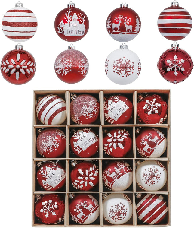 Valery Madelyn Christmas Tree Decorations Set, 16ct Red and White Shatterproof Christmas Ball Ornaments Bulk, 3.15 Inch Traditional Hanging Ornaments for Christmas Trees Xmas Holiday Party Decor