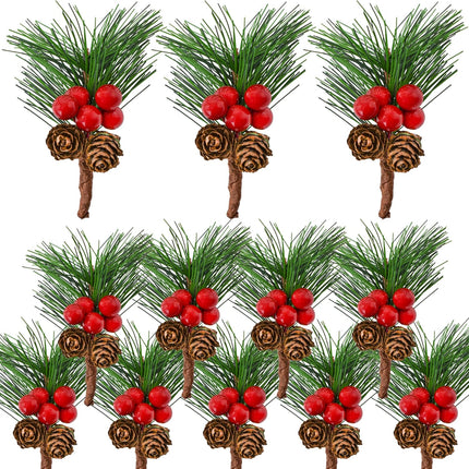 12PCS Christmas Berries Pine Cones Artificial Floral Picks Winter Garland Christmas Decorations with Red Berries Pine Needle for Craft Table Fireplace Bar Party Holiday Decor