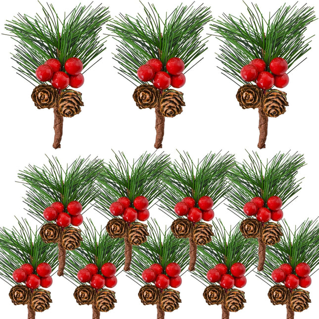 12PCS Christmas Berries Pine Cones Artificial Floral Picks Winter Garland Christmas Decorations with Red Berries Pine Needle for Craft Table Fireplace Bar Party Holiday Decor