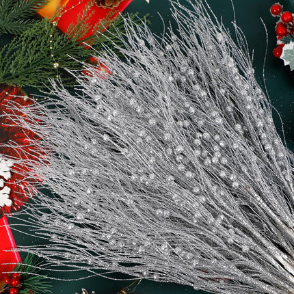 SUPREME XMAS 30 Pack Artificial Glitter Berry Stem Ornaments, Silver Christmas Twigs Branches Picks Ornaments Set for Xmas Tree Decorations Wreath Vases Fireplace Holiday Wedding Party Home Decor