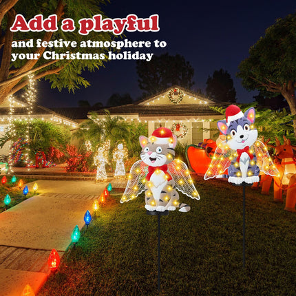 2 Pack Solar Christmas Stake Lights, LED Christmas Decorative Stakes Metal Cat with Santa Hat for Outdoor Xmas Pathway Lights Holiday Lawn Yard Garden Decoration, 32 Inches