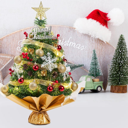 26.7'' Artificial Mini Christmas Tree, Tabletop Xmas Tree, Small Christmas Tree with Light, Star Treetop Pine Cones Boxes and Ball Ornaments for DIY Christmas Decorations