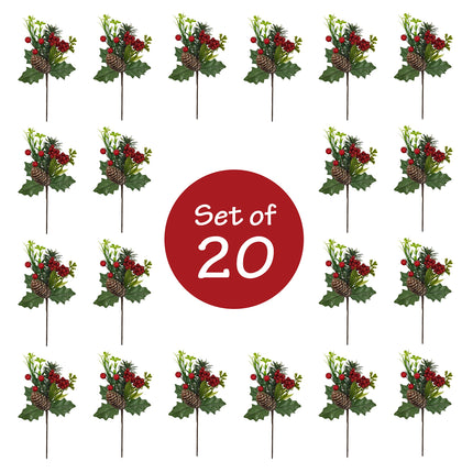 BANBERRY DESIGNS Holiday Christmas Berry Picks - 10 Pieces – Flexible Greenery Snow Tipped Pinecone Red Berries 9" L