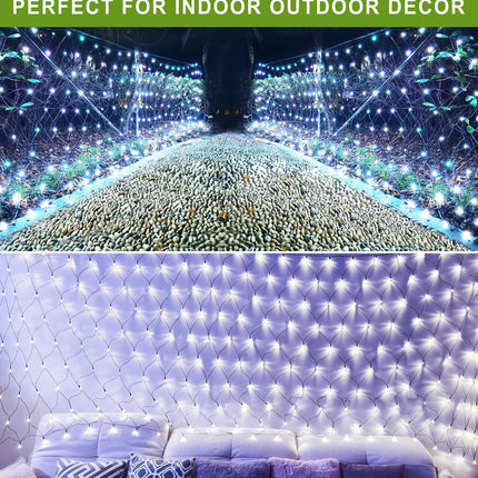11.5 ft x 5 ft Solar Net Lights, Outdoor Mesh Lights 240 LED Waterproof 8 Mode with Remote String Lights for Bushes Trees Garden Wall Patio Christmas Indoor Decor (Cool White)