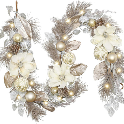 Valery Madelyn 6 feet Pre-Lit Christmas Garland with Lights for Mantle, Lighted Battery Operated Xmas Garland with Champagne Gold Balls for Front Door Fireplace Table Centerpiece Outdoor Window Decor