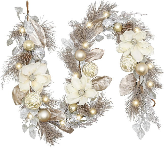 Valery Madelyn 6 feet Pre-Lit Christmas Garland with Lights for Mantle, Lighted Battery Operated Xmas Garland with Champagne Gold Balls for Front Door Fireplace Table Centerpiece Outdoor Window Decor