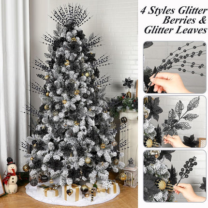 24CT 3 Styles Glitter Artificial Ilex Berry Branch&Holly Leaf Christmas Decorations, Fake Berries Stems Ornaments for Tree/Garland/Wreath, Faux Xmas Decor Indoor&Outdoor, Black