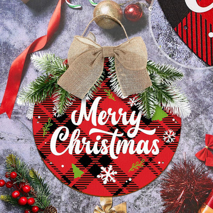 2 Sets Merry Christmas Wreaths Hanging Sign Wooden Buffalo Plaid Decorations, Welcome Wreath Sign for Front Door, Hanging Sign with Light for Farmhouse Porch and Kitchen Happy Years Decorations