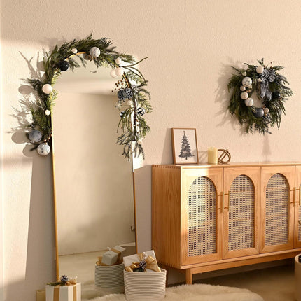 Decorbyhannah Christmas Garland with Lights, 6ft Lighted Norfolk Pine Garland with Boho Ornaments, Battery Operated Artificial Greenery Garland Christmas Decorations for Mantle(Boho Black & White)