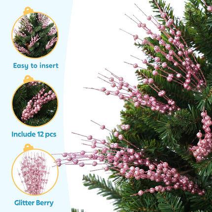 Joiedomi 12Pcs Glitter Berry Stem Ornaments, Christmas Decorative Bead Sticks, 17” Pink Artificial Glitter Twigs for Christmas Tree Decor, Wreath DIY Crafts, Holiday Party Supplies Wedding Decor(Pink)