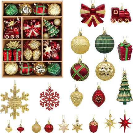 82pcs Christmas Balls Ornaments Set, Delightful Classic Set Set, Shatterproof Plastic Decor for Xmas Tree Holiday Wedding Party Decorations with Hanging Strings,Gold,Red and Green