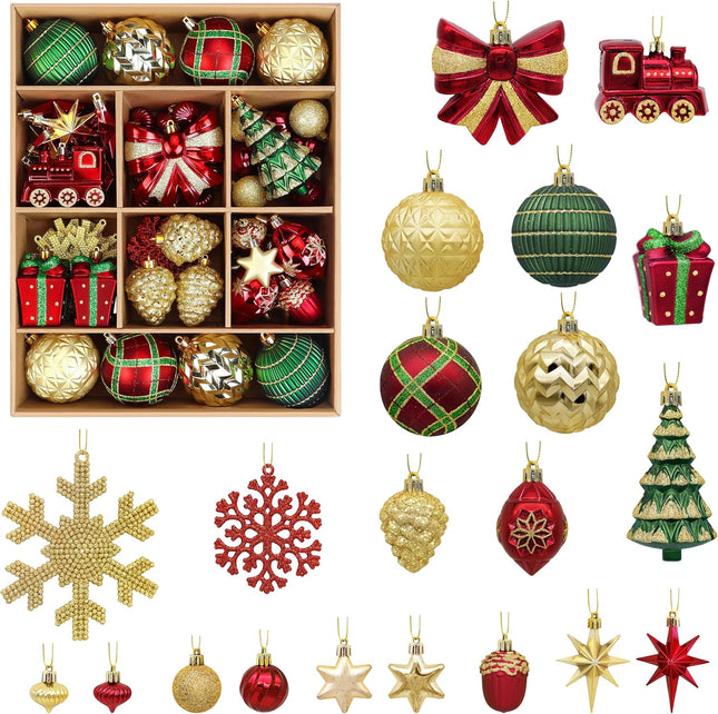 82pcs Christmas Balls Ornaments Set, Delightful Classic Set Set, Shatterproof Plastic Decor for Xmas Tree Holiday Wedding Party Decorations with Hanging Strings,Gold,Red and Green