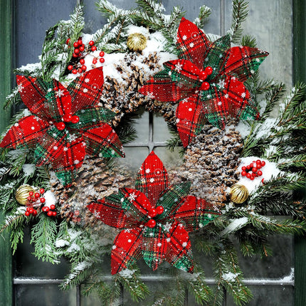 12 Pieces Christmas Plaid Poinsettias Artificial Xmas Poinsettias Flowers Ornaments Faux Flowers Picks Decor Wreath for Christmas Tree Party Holiday Decor (Stylish Style)