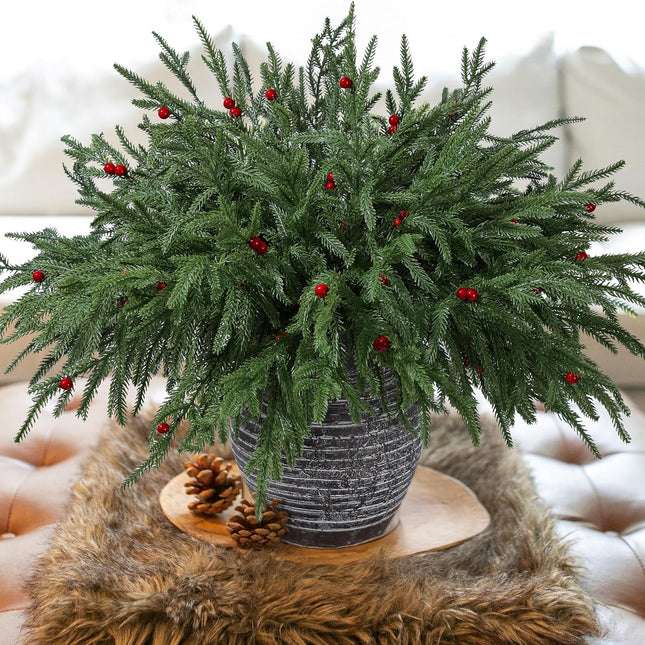 Artificial Faux Christmas Norfolk Pine Evergreen Stems Branches for Vases,12 Bundles Fake Green Real Touch Feel Greenery Stem with Berry for Xmas Holiday Winter Table Indoor Decoration