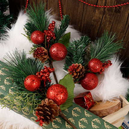 DR.DUDU Christmas 6 Pack 12'' Elegant Faux Picks Evergreen Sprigs + Gold & Silver Globe Ornaments + Pine Cone + Green Poinsettia Leaf + Mini Gold Balls (Red)