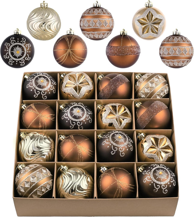 Valery Madelyn Ornaments for Christmas Tree Decorations, 16ct Bronze Copper and Gold Shatterproof Fall Christmas Tree Ornaments Set, 3.15 Inches Luxury Brown Hanging Ball Decor Bulk for Xmas
