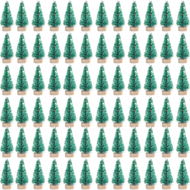 72 Pcs Mini Artificial Christmas Trees with Wood Base, Green