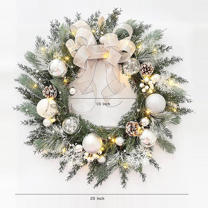 Prelit Christmas Wreath with White Bow and Ball Ornaments, TOKCARE 20 Inch Christmas Wreath with Lights for Front Door Battery Operated LED Lights, Holiday Decoration for Fireplace Xmas Decor
