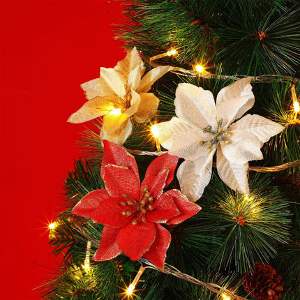 WILLBOND 45 Pieces Christmas Poinsettia Decorations Glitter Poinsettia Flowers Christmas Tree Flowers Red Gold White Silver for Xmas Tree Ornaments, 5 Inch