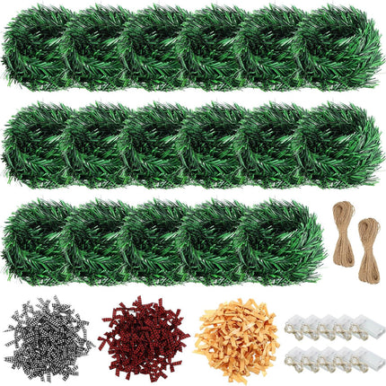 301ft Christmas Garland 17 Artificial Garland Soft Greenery Garland 300 Buffalo Bows and 8 LED Lights with 2 Rope Green Prelit Garland for Xmas Mantel Stair Fireplace Decor