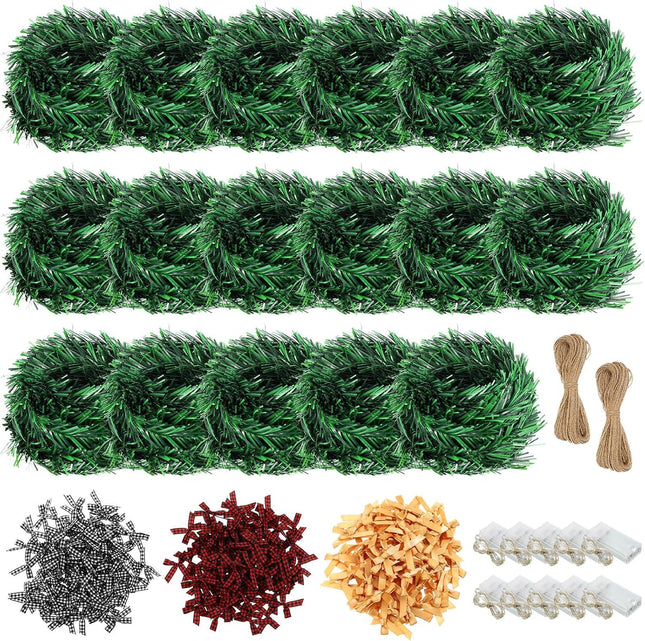 301ft Christmas Garland 17 Artificial Garland Soft Greenery Garland 300 Buffalo Bows and 8 LED Lights with 2 Rope Green Prelit Garland for Xmas Mantel Stair Fireplace Decor