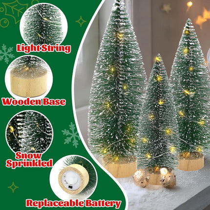 3 PCS Bottle Brush Christmas Trees with Lights, Mini Tabletop Christmas Tree for Christmas Decorations Indoor, Desktop Miniature Pine Tree Xmas Holiday Decor